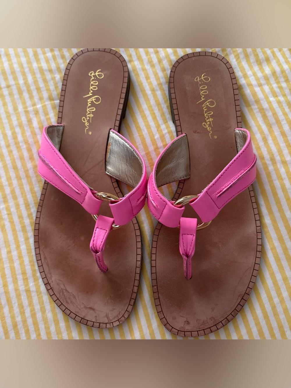 Lilly Pulitzer Hot Pink Leather Thong Sandals with Gold Accent